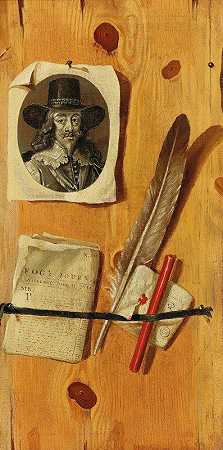 “一幅印有国王查理一世肖像的乱七八糟的画，一期《雾报》，1734年出版，一支羽毛笔和封蜡，由雅各布斯·普拉斯查特（Jacobus Plasschaert）靠在一块木板上