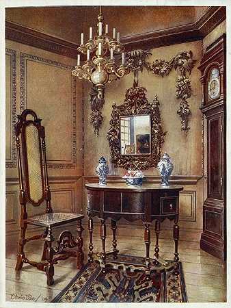 “镶板，从一栋旧房子里，镜框，胡桃木桌子，胡桃树椅子，埃德温·弗利的胡桃木高壳钟