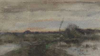 Geo Poggenbeek的《夕阳下的沼泽风景》