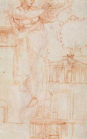 科雷吉奥的《垂坠的女性形象（可能是亚马逊）与建筑研究》（verso）