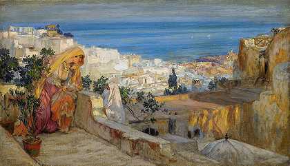 弗雷德里克·阿瑟·布里奇曼《阿尔及尔以外的屋顶上的阿拉伯女人》