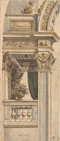 Faustino Trebbi《拱门两侧有阳台的墙立面部分设计》