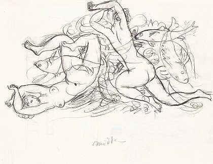 Leo Gestel的裸泳女子和鱼素描
