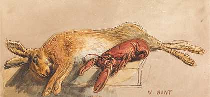 威廉·亨利·亨特（William Henry Hunt）的《长椅上的死兔子和熟龙虾》