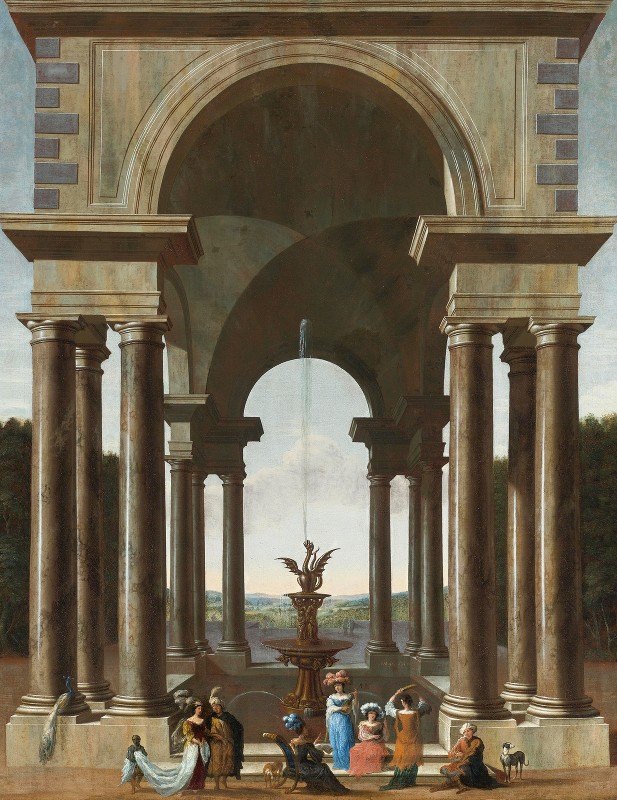 雅各布·费迪南德·赛伊斯的《喷泉旁的古典门廊与优雅的同伴》