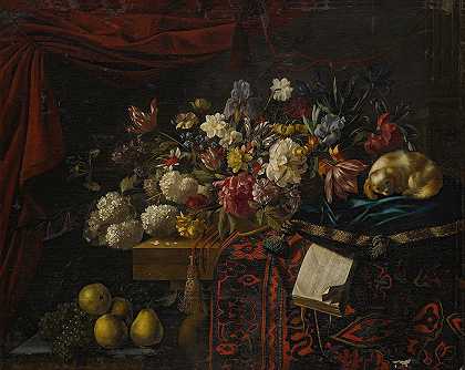 弗朗索瓦·哈伯特（François Habert）的《一张桌子上摆着鲜花、一本音乐书和一只坐在枕头上的狗的静物》