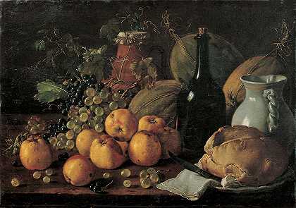 路易斯·梅伦德斯的《苹果、葡萄、甜瓜、面包、果汁和瓶子的静物》