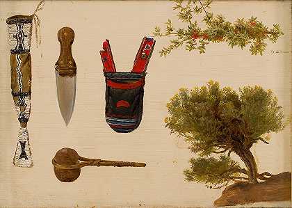 查尔斯·费迪南德·魏玛的《珠饰斯卡巴和刀、装饰袋、石斧、牛莓枝和山贤人的研究》