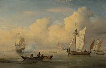 威廉·范·德维尔德二世工作室的《一只停泊在岸边的大猩猩和两艘渔船》