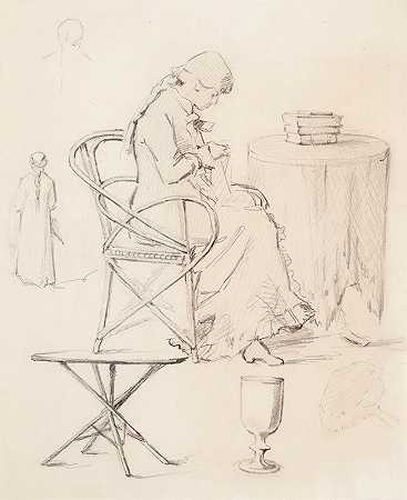 “素描、缝纫女郎、桌子、酒杯、背上的女人”海伦·施杰夫贝克