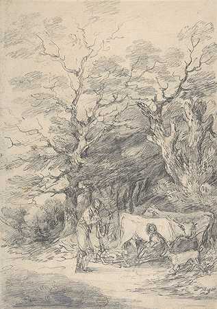 带有牛和人物的风景盖恩斯伯罗·杜邦的《乡村求爱》素描