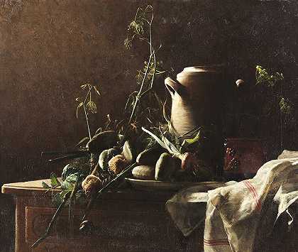 罗伯特·怀利（Robert Wylie）的《Commode桌面上韭菜、土豆和茴香的静物》