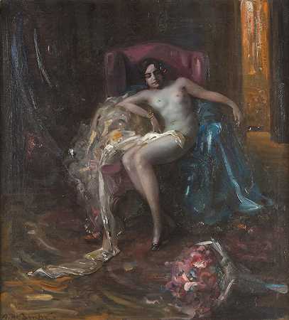 Arnulf De Boucher的《扶手椅上的裸体女性》