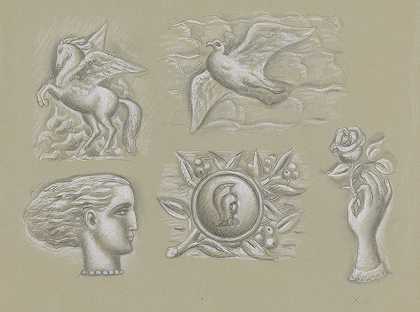 Leo Gestel设计的钞票水印飞马、鸽子、女人的头、武器和玫瑰手