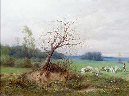 雷蒙德·里特·冯·维切拉的《在广阔的风景中，一群羊和牧羊人》