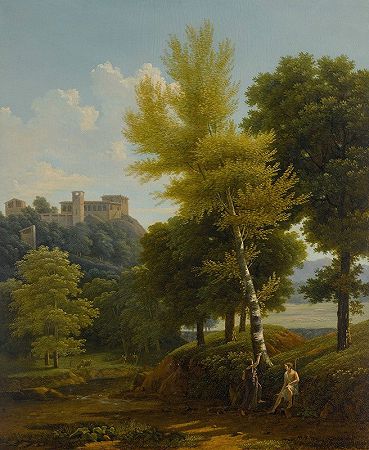 让·维克托·贝尔廷（Jean Victor Bertin）的《乡间小溪的景色》（the View of a brook in the country），山腰上的城堡，前景是Pâris和Oenone