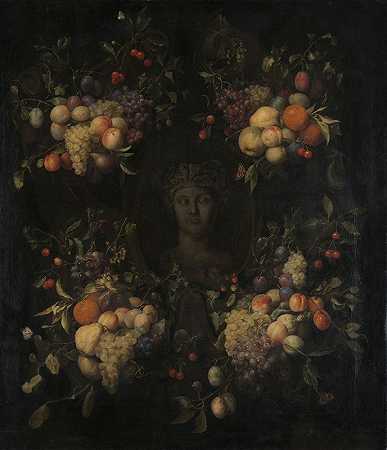 乔里斯·范·森（Joris van Son）的《一个穿着卡通车的女人的模拟雕塑头像，上面装饰着成堆的水果》