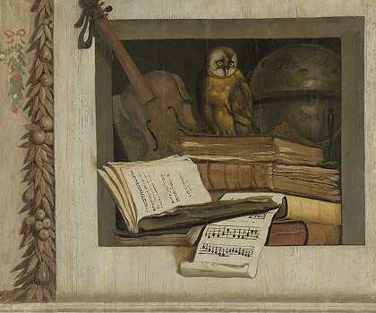 雅各布·范·坎本的《静物与书、乐谱、小提琴、天球和猫头鹰》