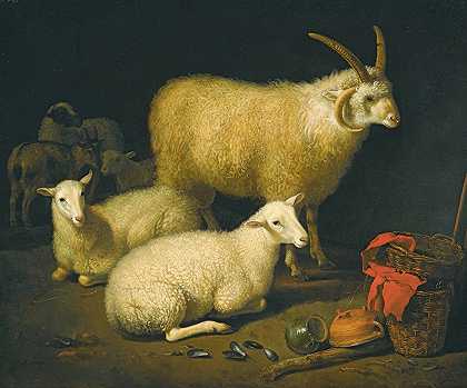 艾尔伯特·库普（Aelbert Cuyp）创作的“一个谷仓内部，有一只四角公羊、四只母羊和一只山羊，还有一个篮子的静物，右边是翻着的锅