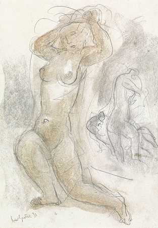 “手插头发的裸体女人，背景中是另一个裸体人物，由Leo Gestel创作