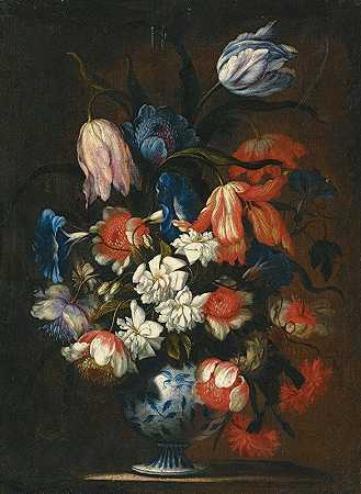 弗朗西斯科·卡尔迪的《蓝色和白色瓷瓶中郁金香、康乃馨和其他花朵的静物》