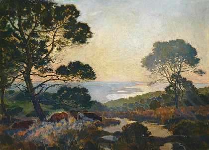 埃米尔·勒内·梅纳德（Émile RenéMénard）的《黄昏时分在海湾上空吃草的牛》
