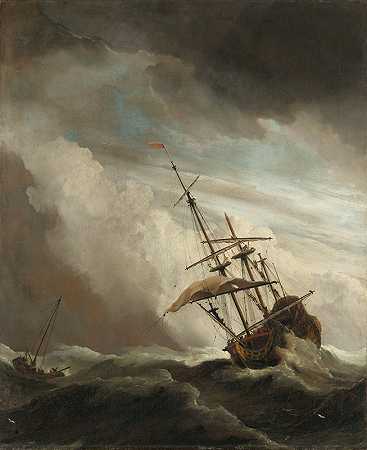 “公海上的一艘船被狂风抓住，被年轻人威廉·范·德·维尔德称为‘狂风’