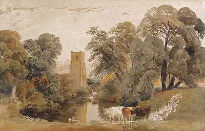 彼得·德温特（Peter De Wint）笔下的风景，有牛、鹅、在河边洗衣服的女士和远处的教堂塔