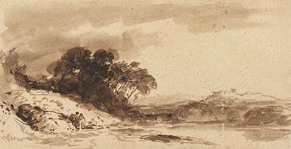 约翰·瓦利（John Varley）的《湖泊和远山双人河流风景》