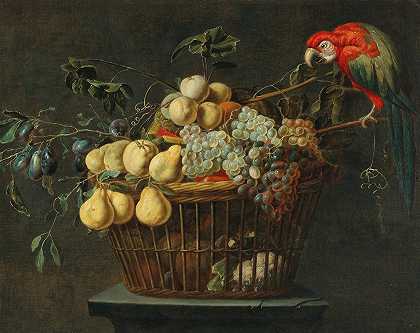 阿德里安·范·乌得勒支的《一篮子水果和一只鹦鹉的静物》