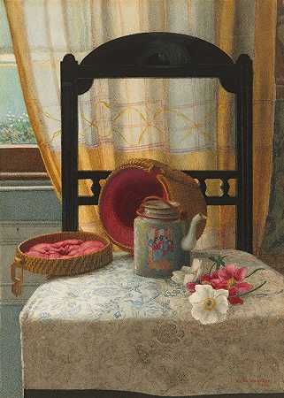 凯特·海拉尔（Kate Haylar）的《与广东家庭玫瑰茶壶和茶花的静物》