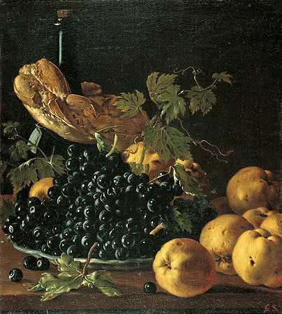 路易斯·梅伦德斯的《面包、苹果、葡萄和瓶子的静物》