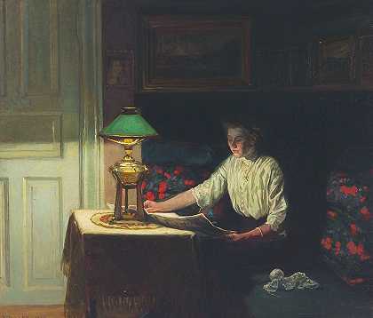 1914年弗里茨·克劳尔（Fritz Kraul）的《室内，女人在灯罩里看报纸》