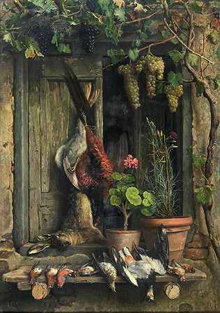 奥雷利奥·津戈尼的《藤蔓下的花盆里有小鸟、野兔、康乃馨和天竺葵的静物》