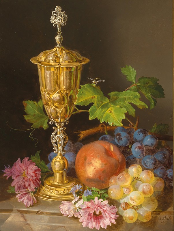 安德烈亚斯·拉赫（Andreas Lach）的《盖着高脚杯、葡萄、苹果和紫菀的静物》