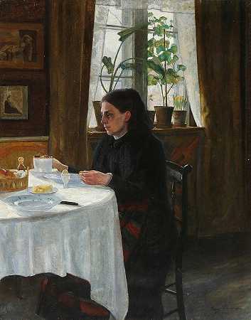 艺术家的母亲阿格尼丝坐在早餐前