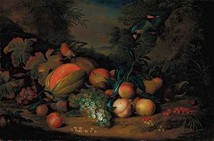 “一个瓜子、桃子、李子、葡萄、苹果和醋栗，还有一只鹦鹉和一只牛雀，在托比亚斯·斯特拉诺夫的山上