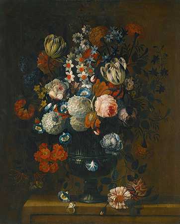 西蒙·哈迪梅（Simon Hardimé）的《雕刻花瓶中的玫瑰、杂色郁金香、牡丹、水仙花和其他花卉的静物》