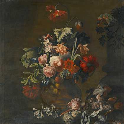 西蒙·维勒斯特的《玫瑰、杂色郁金香、牡丹和其他花卉在雕刻花瓶中的静物》，以及《葡萄和金刚鹦鹉》