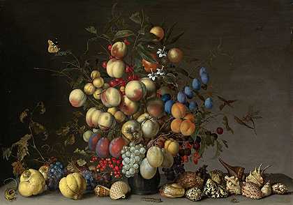 Balthasar van der Ast的《桃子、李子、橘子、苹果、樱桃、葡萄、红醋栗、黑醋栗、螃蟹苹果和其他装在白蜡花瓶里的水果》