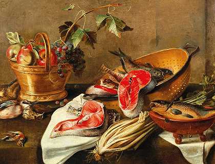 弗兰斯·伊肯斯（Frans Ykens）的《铜器里的水果、鱼和游戏的静物》