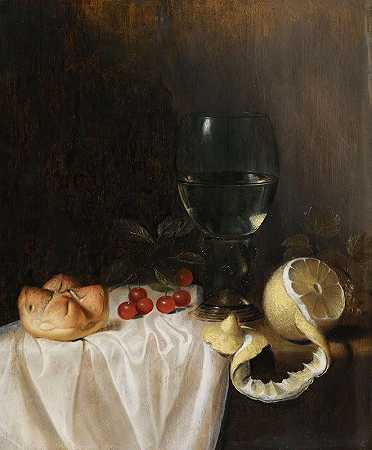 吉莉斯·吉利斯（Gillis Gillisz）的《一张桌子上摆着一只旋转木马、一只剥了皮的柠檬、樱桃和面包卷的静物》