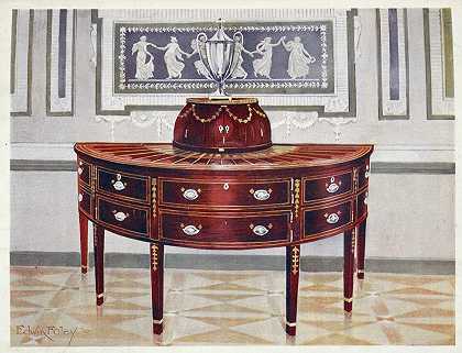 “半圆形桃花心木餐具柜和刀盒。用缎木、桃花心木和乌木镶嵌和镶边，由Edwin Foley创作
