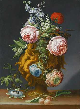 “玫瑰和其他花朵的静物在一个装饰有蒲蒂的古董花瓶里，都在J.C.萨托里的窗台上