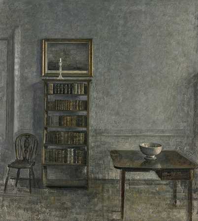 “室内配有桌子、书柜和温莎椅，25 Strandgade，作者：Vilhelm Hammershøi