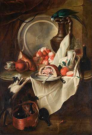 亚历山大·弗朗索瓦·德斯波特的《水果和火腿与猫和鹦鹉的静物》