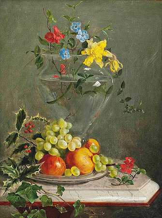 Franz Xavier Petter圆环画的大理石壁架上的一瓶鲜花，包括水仙花和韧皮草，将冬青、常春藤、葡萄、苹果和橘子放在碗里