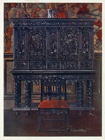 “鲁本斯”乌木雕刻橱柜。埃德温·弗利（Edwin Foley）镶嵌的室内配件和龟甲柱