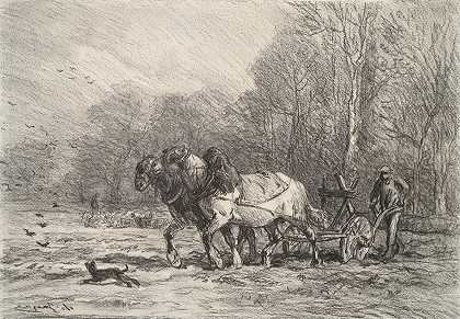 查尔斯·埃米尔·雅克（Charles Emile Jacque）的《一个骑着马拉犁的农民》