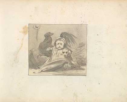 弗雷德里克·莱顿的《一个穿着16世纪衣服的婴儿，一只鸡和一只狗》